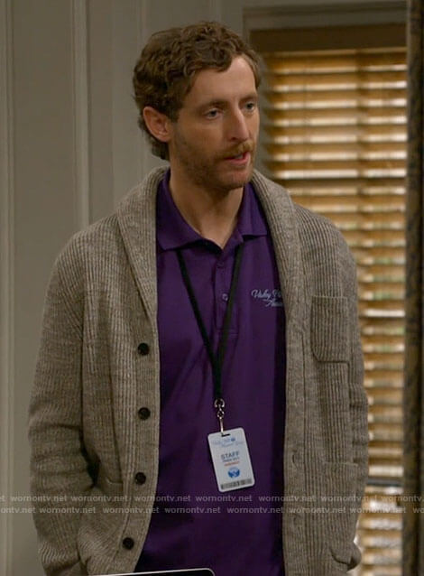 Drew’s grey shawl collar cardigan on B Positive
