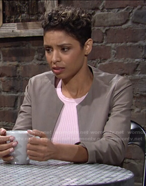 Elena’s taupe leather jacket on The Young and the Restless