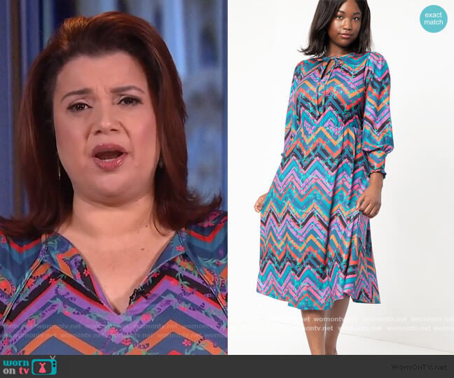 Eloquii Mixed Print Tie Neck Fit and Flare Dress worn by Ana Navarro on The View