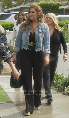 Emily’s black notch neck jumpsuit on The Real Housewives of Orange County