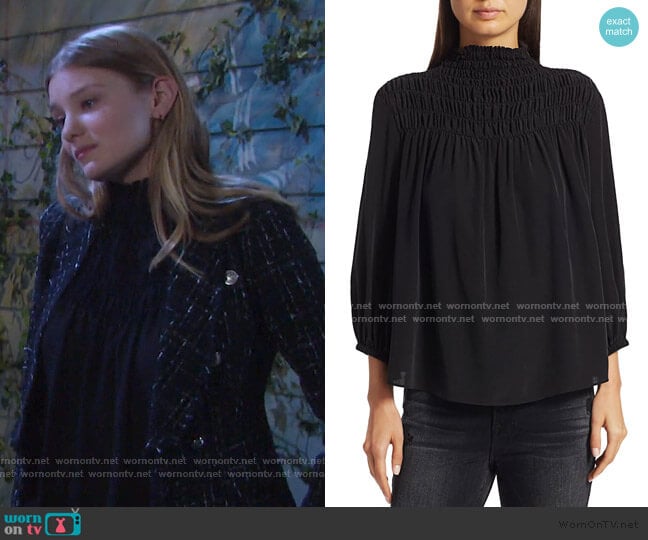 Frame Smocked Three-Quarter Sleeve Silk Blouse worn by Alice Caroline Horton (Lindsay Arnold) on Days of our Lives