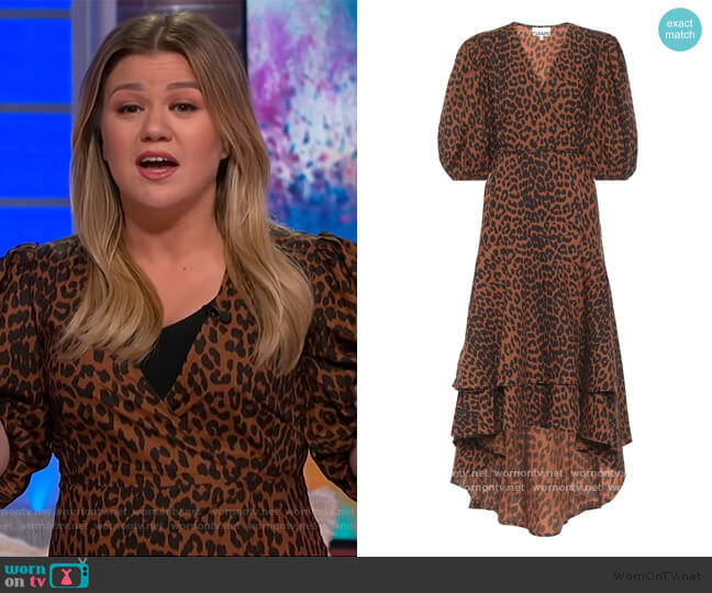 Ganni Leopard-print cotton wrap dress worn by Kelly Clarkson on The Kelly Clarkson Show