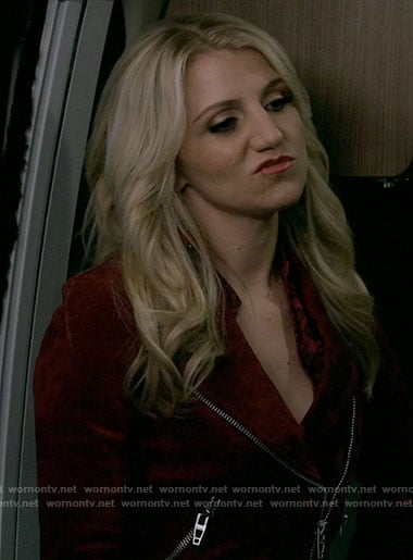 Gina’s red suede moto jacket on B Positive
