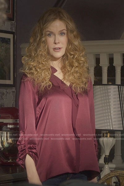 Grace’s red front ruffle blouse on The Undoing