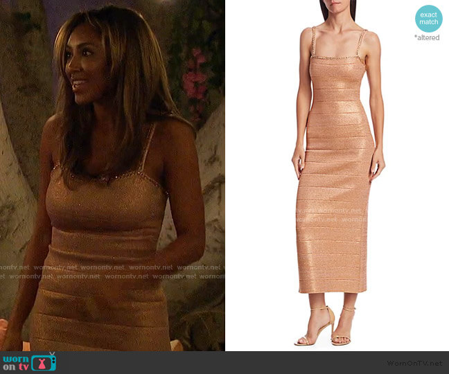 Herve Leger Embellished Metallic Midi Dress worn by Tayshia Adams on The Bachelorette