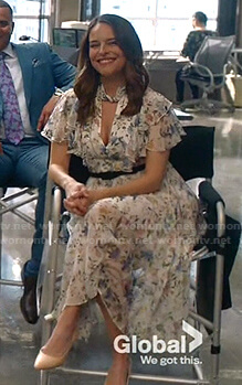 Izzy’s white floral ruffle midi dress on Bull