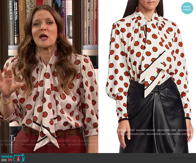 Johanna Ortiz Ancient Anecdotes printed blouse worn by Drew Barrymore on The Drew Barrymore Show