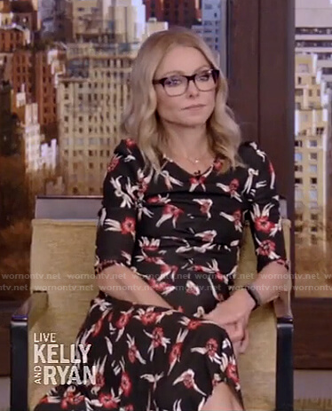 Kelly’s black floral midi dress on Live with Kelly and Ryan