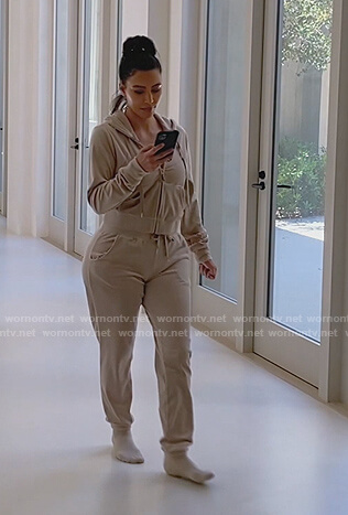 Kim’s gold velour hoodie and track pants on Keeping Up with the Kardashians