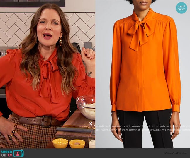 Lafayette 148 New York Cecile Tie-Neck Matte Silk Blouse worn by Drew Barrymore on The Drew Barrymore Show
