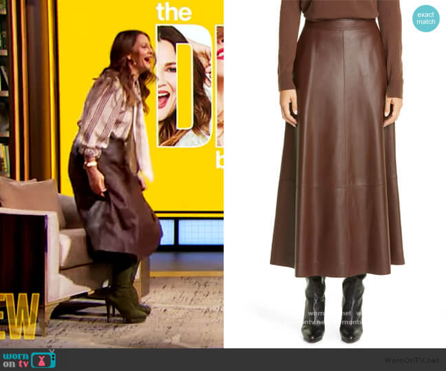 Lafayette 148 New York Sumner Plonge Leather Midi Skirt worn by Drew Barrymore on The Drew Barrymore Show
