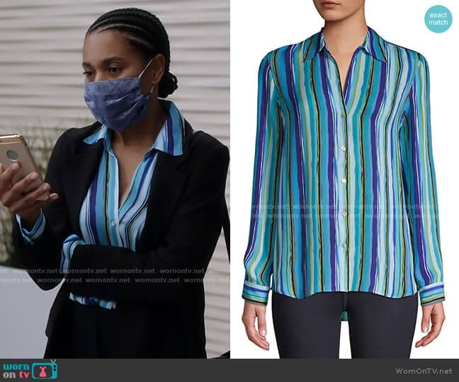 L'Agence Striped Silk Shirt worn by Maggie Pierce (Kelly McCreary) on Greys Anatomy
