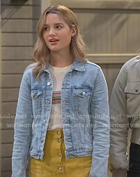 Lex’s yellow button front mini skirt on Side Hustle