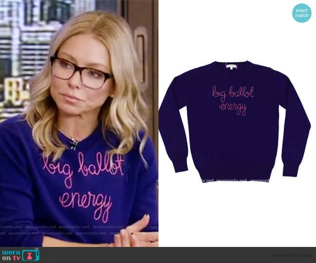 Lingua Franca Big Ballot Energy Sweater worn by Kelly Ripa on Live with Kelly and Mark