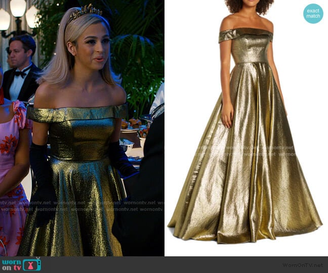 Mac Duggal Off the Shoulder Metallic Ballgown worn by Lexi (Josie Totah) on Saved By The Bell