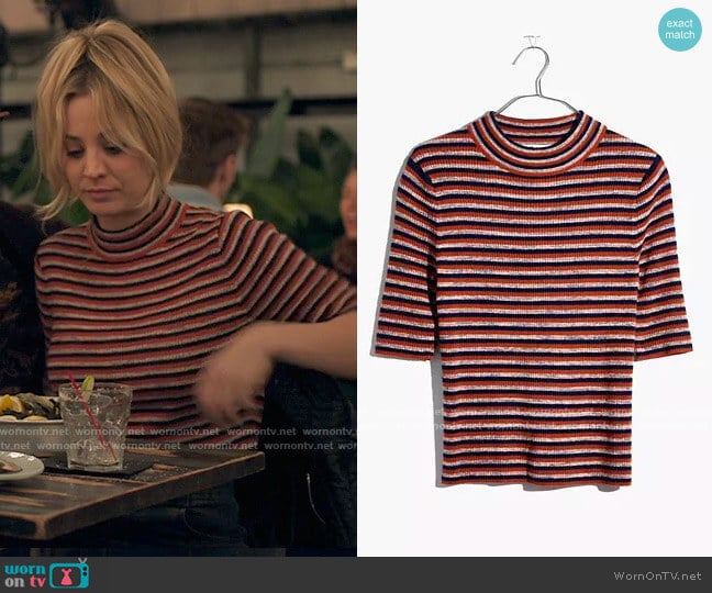 Madewell Dalston Mockneck Sweater in Stripe worn by Cassie Bowden (Kaley Cuoco) on The Flight Attendant