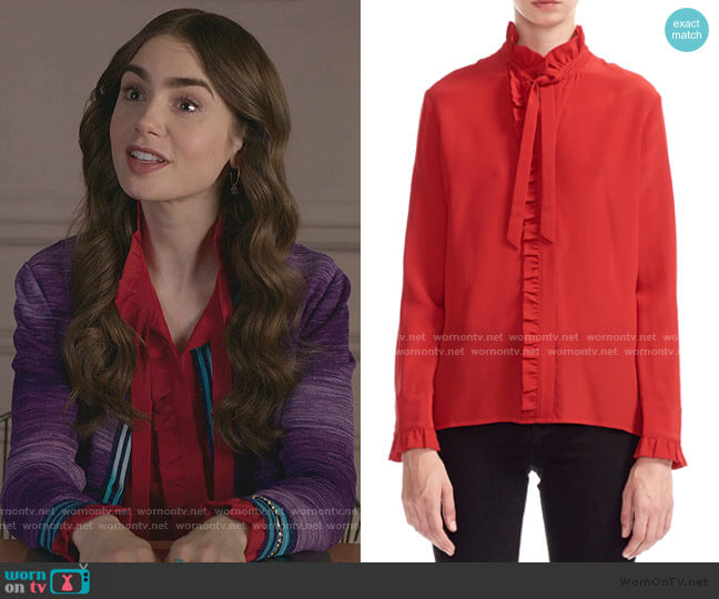 Maje Carma Ruffled Bow Silk Blouse worn by Emily Cooper (Lily Collins) on Emily in Paris