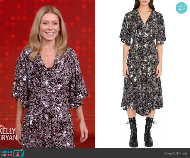 Maje Rosabelle sequin-embellished woven midi dress worn by Kelly Ripa on Live with Kelly and Mark