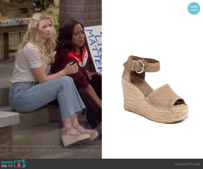 Marc Fisher Alida Espadrille Platform Wedge in Taupe Suede worn by Gemma (Beth Behrs) on The Neighborhood