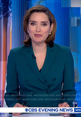 Margaret Brennan’s teal double breasted blazer on CBS Evening News