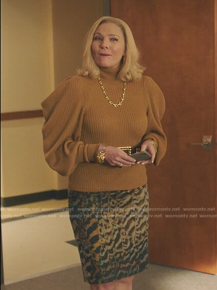 Margaret’s mustard yellow balloon sleeve sweater on Filthy Rich