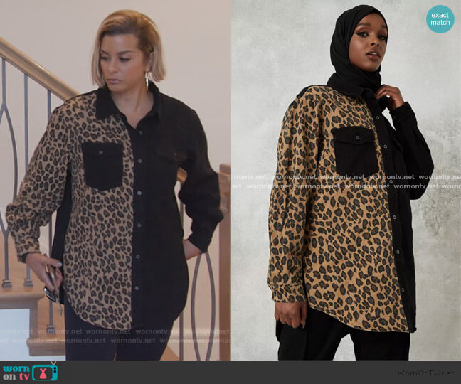 Missguided Black super oversized leopard print panel shirt worn by Robyn Dixon on The Real Housewives of Potomac