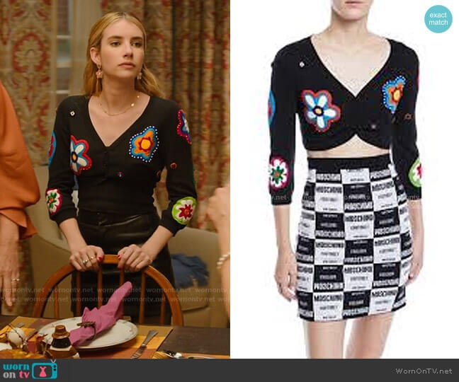Moschino Flower Patch Shrug Cardigan worn by Sloan (Emma Roberts) on Holidate (2020)