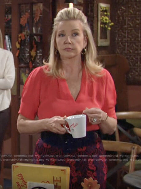 Nikki’s coral blouse and lace skirt on The Young and the Restless