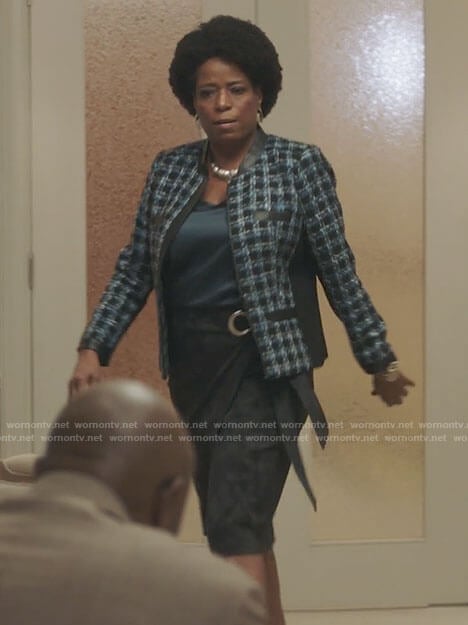 Norah’s blue tweed jacket on Filthy Rich