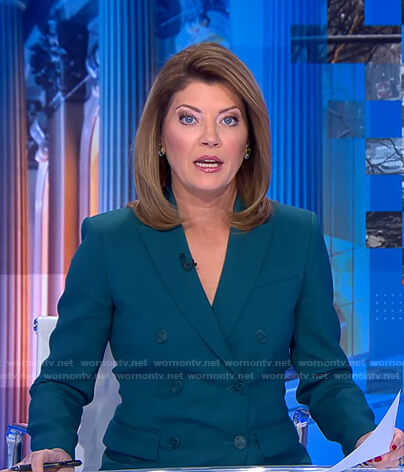 Norah’s teal double breasted blazer on CBS Evening News