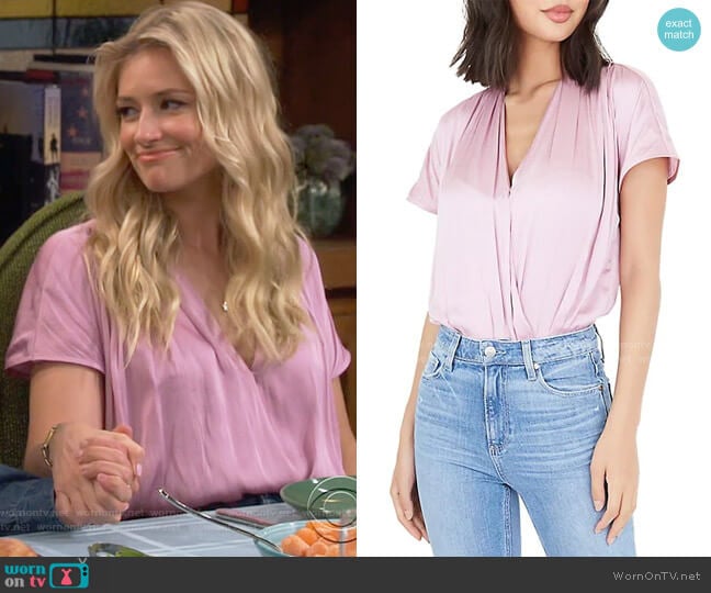 Paige Dijon Bodysuit in Fragrant Lilac worn by Gemma (Beth Behrs) on The Neighborhood