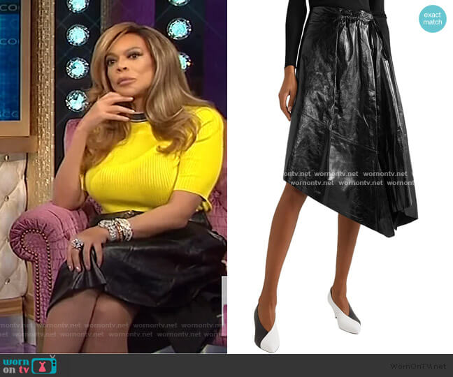 Proenza Schouler Asymmetric crinkled glossed-leather midi skirt worn by Wendy Williams on The Wendy Williams Show