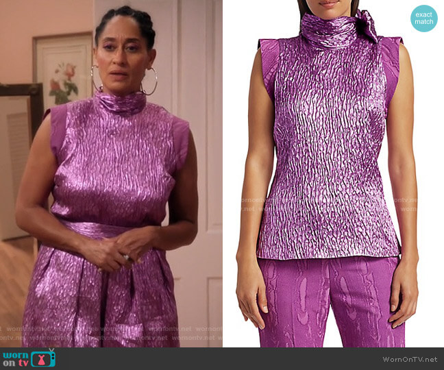 Rachel Comey Mirar Jacquard Metallic Tie-Neck Top worn by Rainbow Johnson (Tracee Ellis Ross) on Black-ish