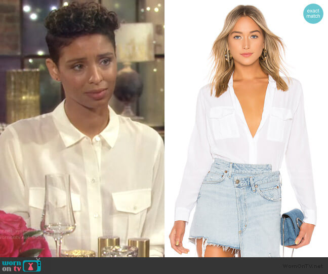 Rails Rhett Silk Button Down Blouse worn by Elena Dawson (Brytni Sarpy) on The Young and the Restless