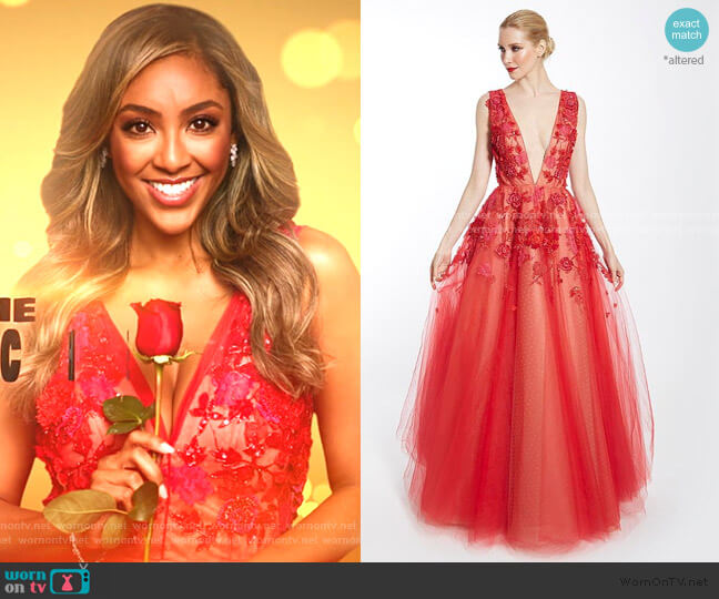 Randi Rahm Flame Collette Gown worn by Tayshia Adams on The Bachelorette