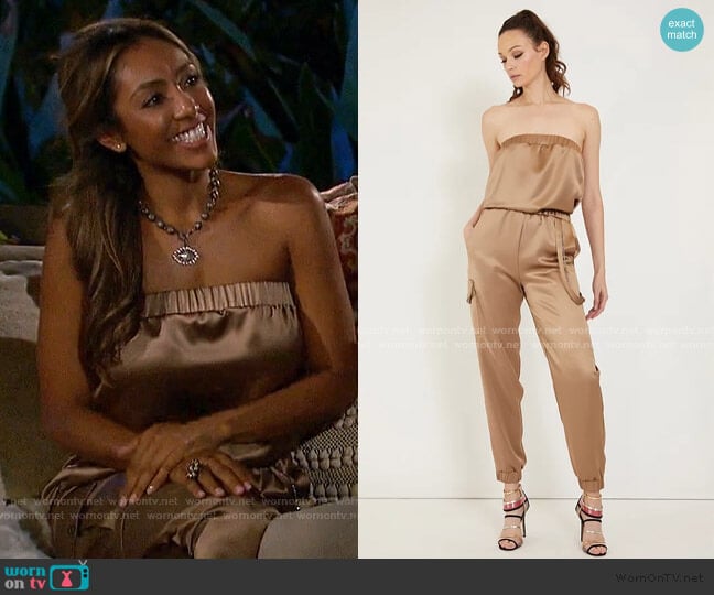 Randi Rahm Silk Strapless Jumpsuit with a Cargo Pocket worn by Tayshia Adams on The Bachelorette