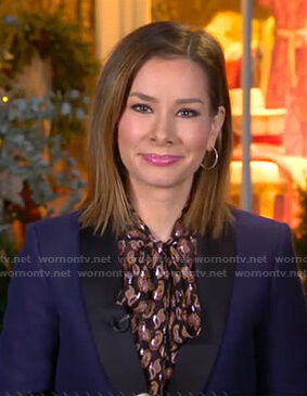Rebecca’s black paisley print tie neck blouse on Good Morning America