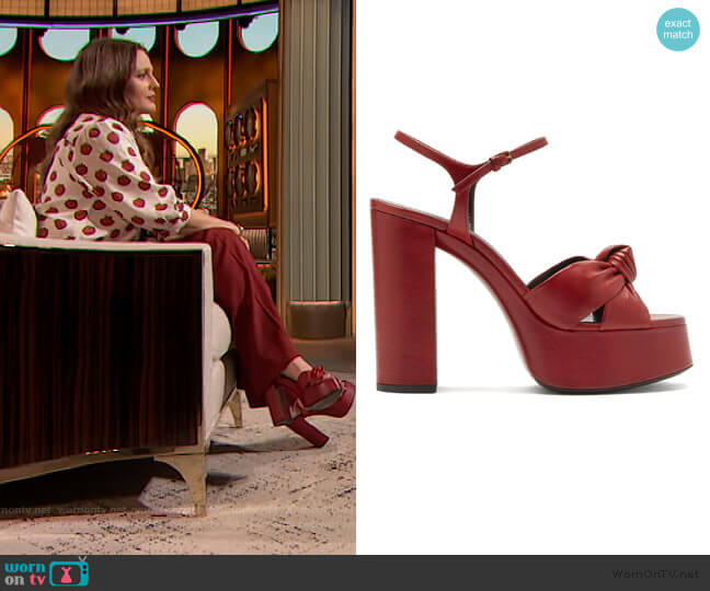 Saint Laurent Bianca knotted leather platform sandals worn by Drew Barrymore on The Drew Barrymore Show