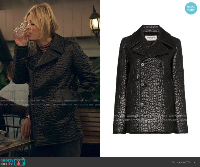Lacquered crocodile-style peacoat worn by Cassie Bowden (Kaley Cuoco) on The Flight Attendant