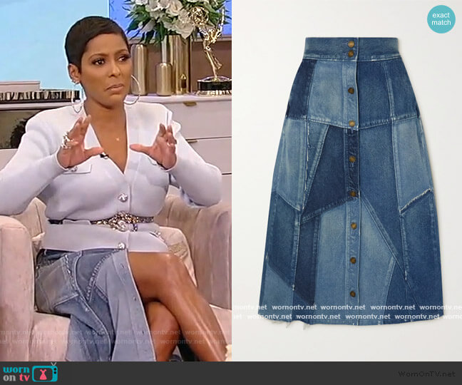Saint Laurent Patchwork denim midi skirt worn by Tamron Hall on Tamron Hall Show