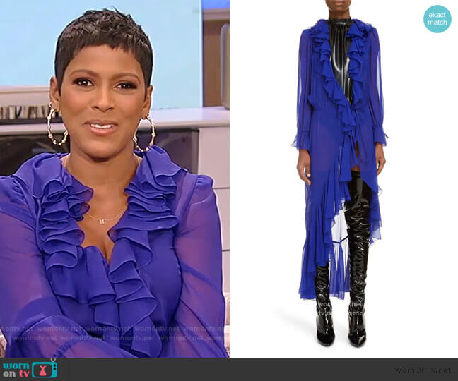 Saint Laurent Ruffle Trim Sheer Silk Duster worn by Tamron Hall on Tamron Hall Show