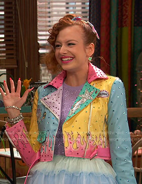 Sasha’s pastel colorblock moto jacket on Ravens Home