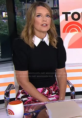 Savannah’s black puff sleeve collared sweater and floral skirt on Today