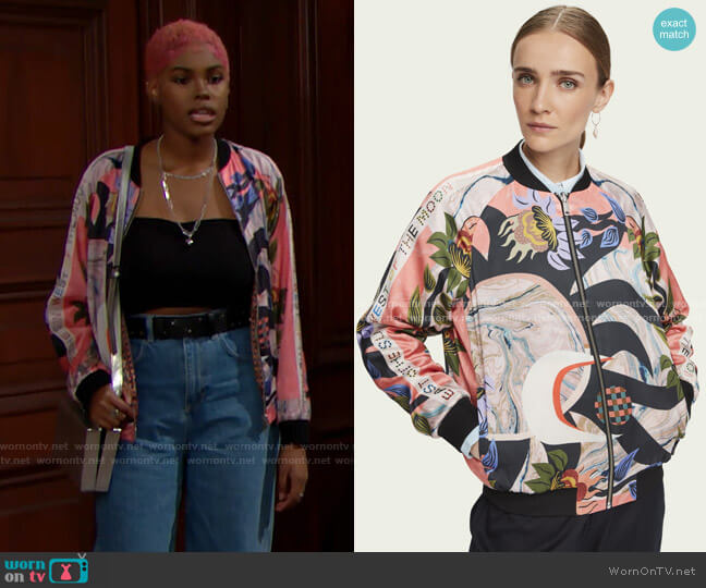 Scotch & Soda Reversible printed long sleeve bomber jacket worn by Paris Buckingham (Diamond White) on The Bold and the Beautiful