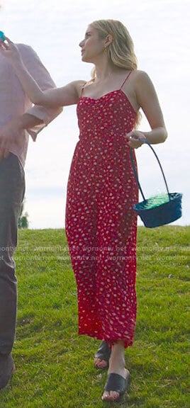 Sloan’s red floral Easter jumpsuit on Holidate