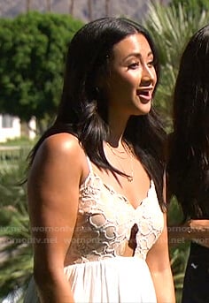 Sydney Maree Lotuaco’s white lace cutout mini dress on The Bachelorette