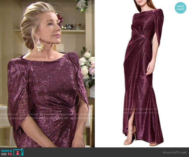 Talbot Runhof Sprinkled Metallic Voile Drape Back Gown worn by Nikki Reed Newman (Melody Thomas-Scott) on The Young and the Restless