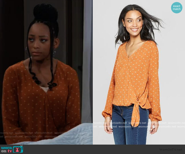 Universal Thread Long Sleeve Print Wrap Top worn by Trina (Sydney Mikayla) on General Hospital