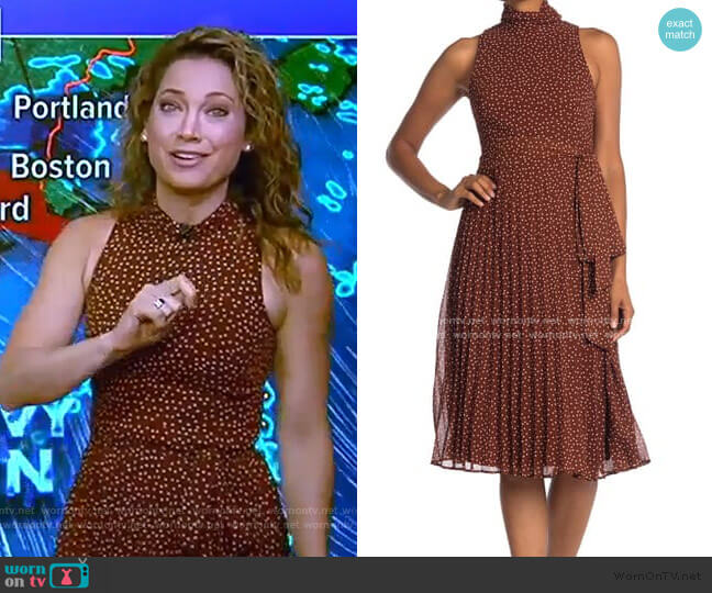 Taylor Chiffon Dot Mock Neck Dress worn by Ginger Zee on Good Morning America