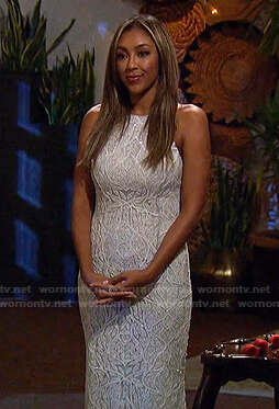 Tayshia’s white embellished halter gown on The Bachelorette